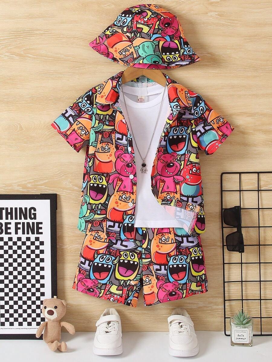 Cartoon Print Coat & Shorts Set