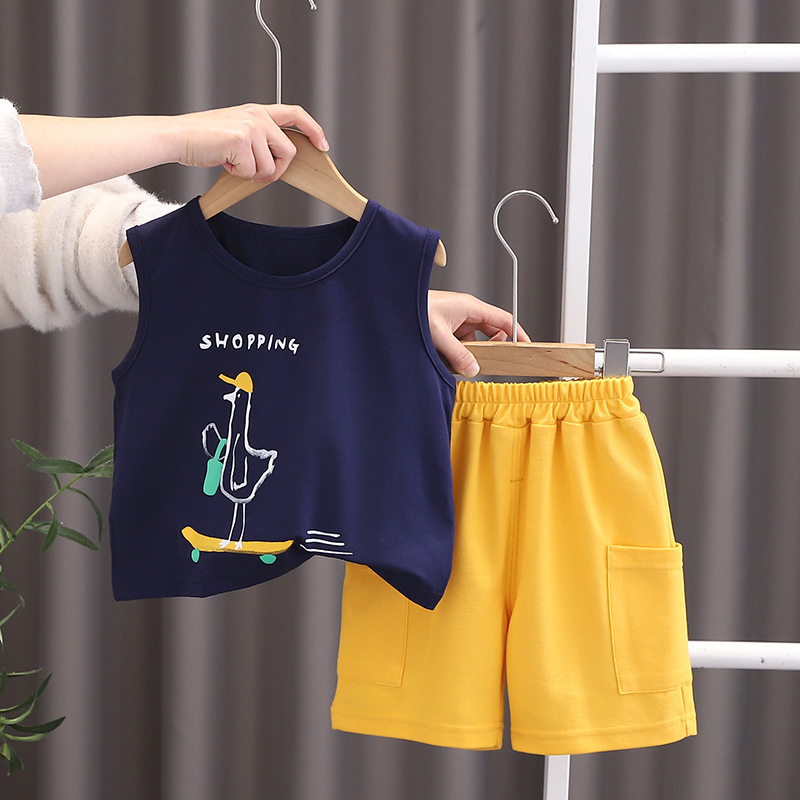 Dark Blue Sleeveless T-shirt & Yellow Shorts Set - 1