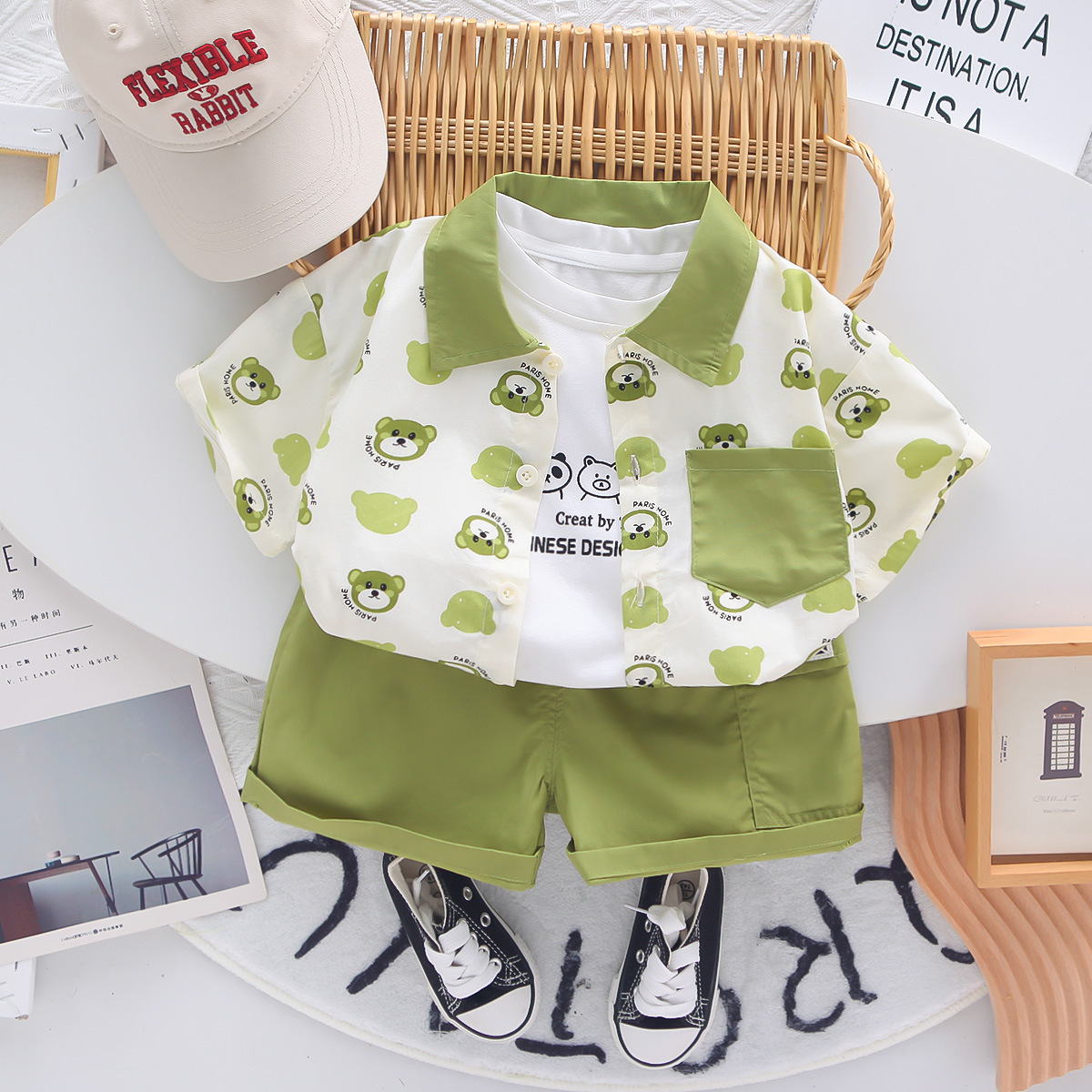 Green Printed T-Shirt with Shorts 3 Pcs Set for Kids