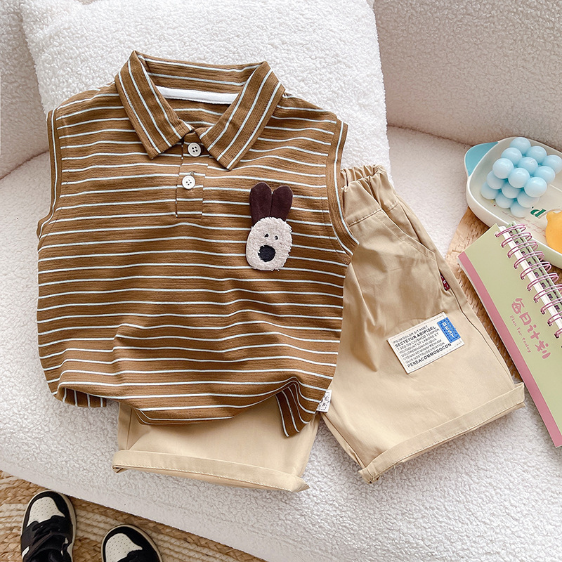 Striped Brown Collared T-Shirt with Cream Shorts Set