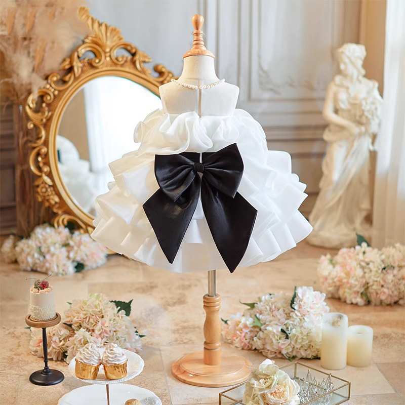White Frock Dress with Black Bow - 1