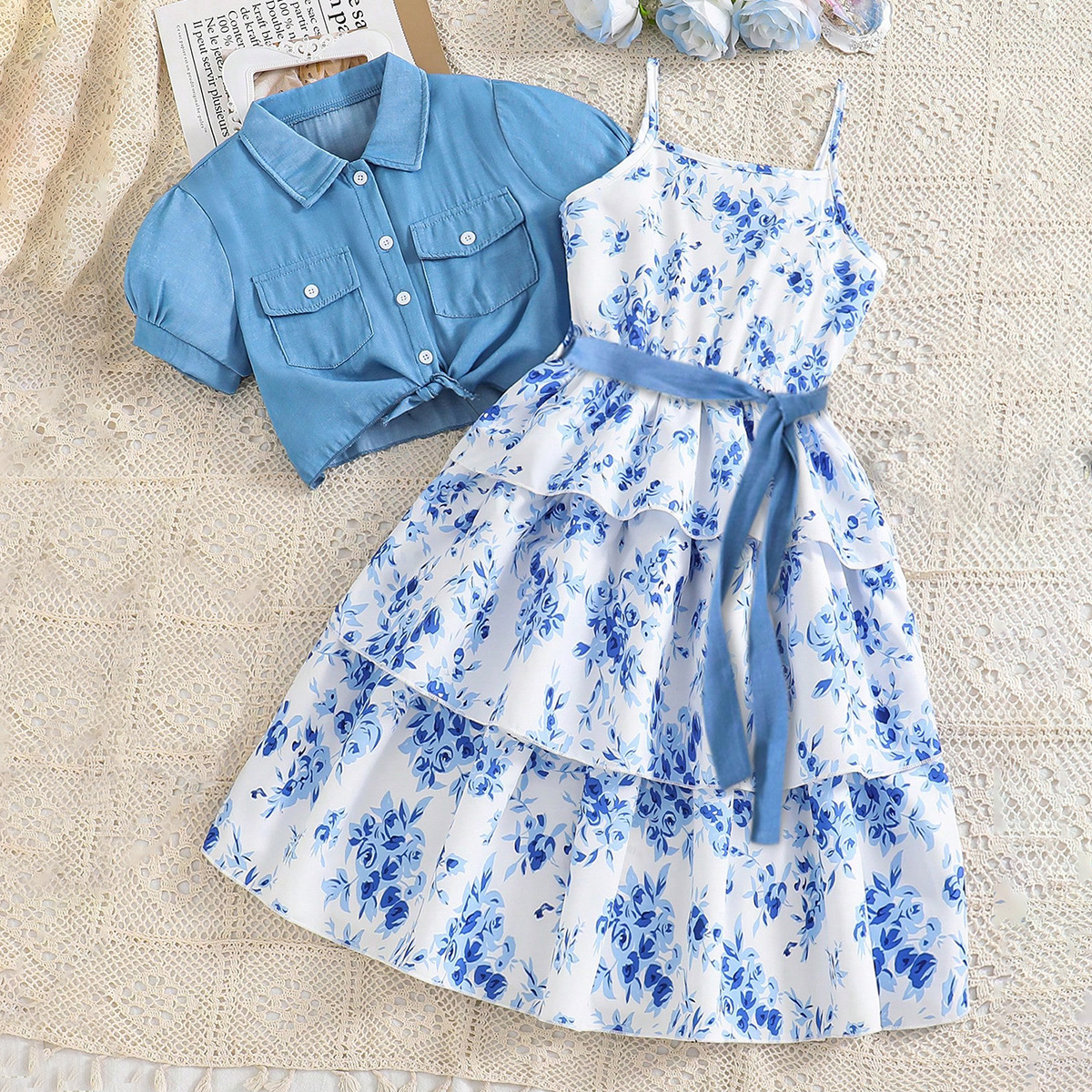 White Frock with Denim Shirt Set